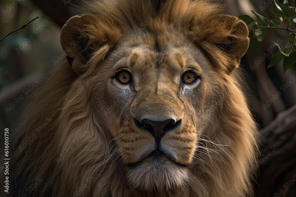 Fototapeta premium a lion's face with blue eyes and long manes, looking directly into the camera as if he is staring