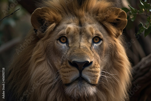 a lion s face with blue eyes and long manes  looking directly into the camera as if he is staring