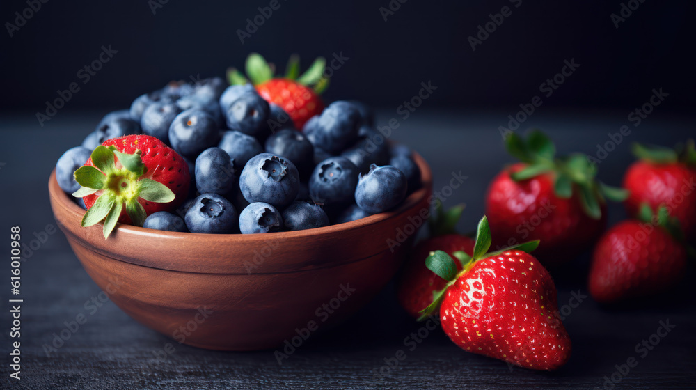 Strawberries and blueberries in a bowl on a small wooden table Strawberries and blueberries in a bowl on a small wooden table
