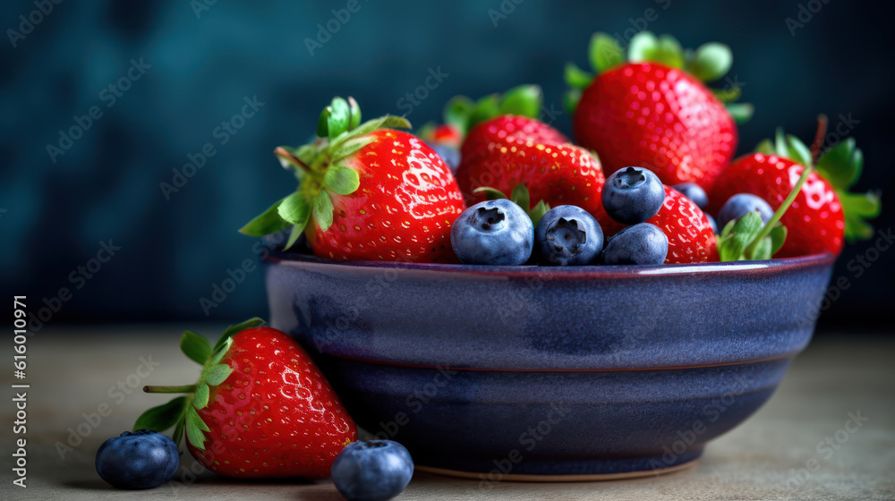 Strawberries and blueberries in a bowl on a small wooden table