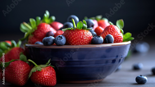 Strawberries and blueberries in a bowl on a small wooden table