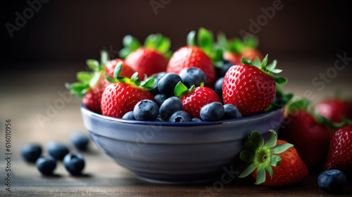 Strawberries and blueberries in a bowl on a small wooden table