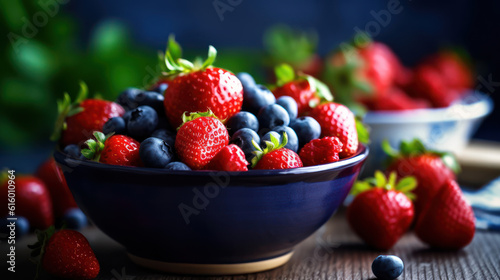 Strawberries and blueberries in a bowl on a small wooden table