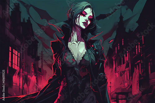 Adorable vampire woman zombie  in hallowwen night. Halloween concept. Post processed AI generated image.