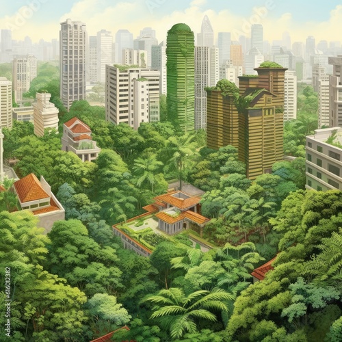 Spectacular eco-futuristic cityscape full with greenery, skyscrapers, parks, and other manmade green spaces in urban area. Green garden in modern city
