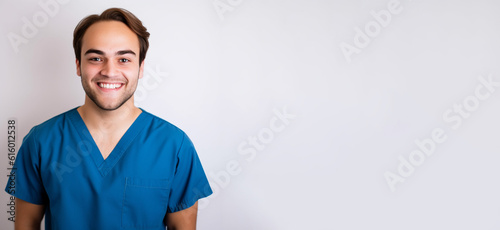 a smiling young men wearing nurse clothes in white background generative ai