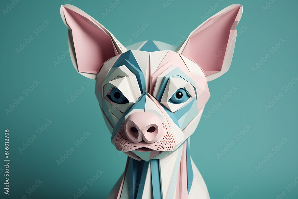 Portrait 3d paper chihuahua dog, in light pink and light cyan colors. Generative AI.