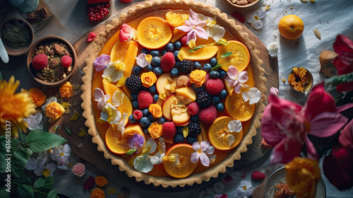 a pie with fruit and flowers around it on a table surrounded by other fruits, including oranges, blueberries, strawberries