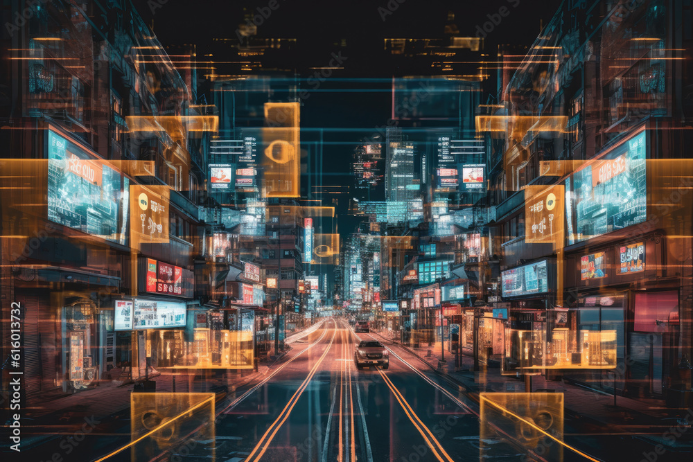 a city street at night with neon lights on the buildings and cars driving down the road in front of them