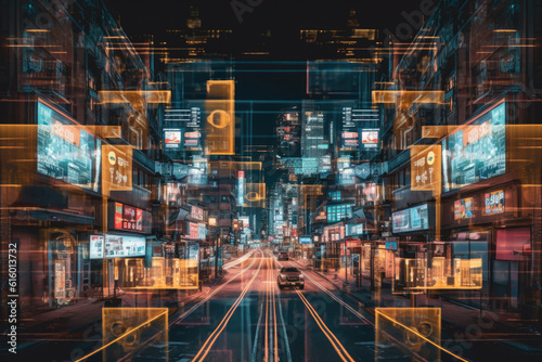 a city street at night with neon lights on the buildings and cars driving down the road in front of them