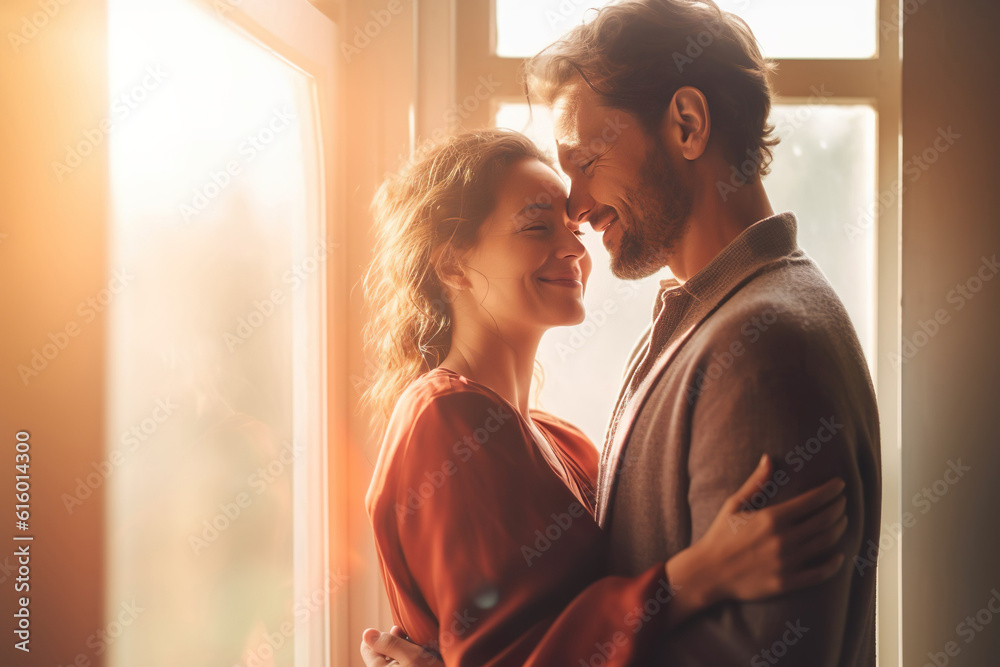 Image of young romantic couple hug by the window Stock Illustration ...