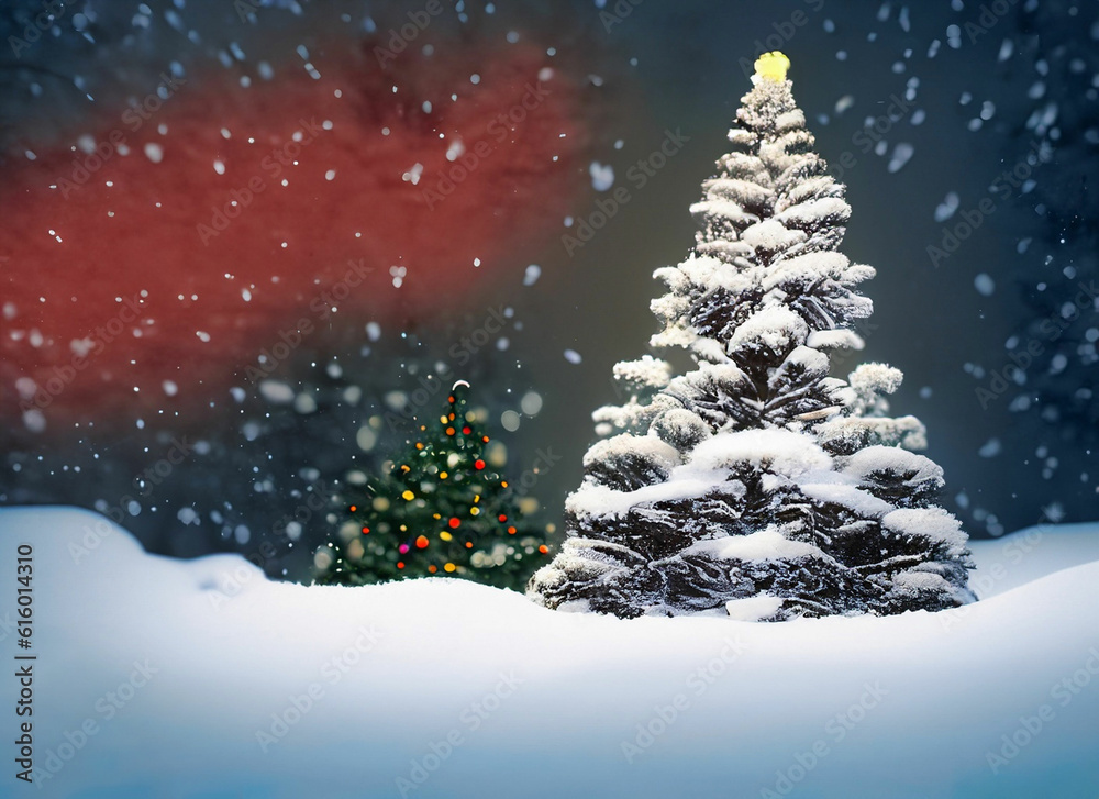 Christmas gift and Christmas tree with light and orange brick wall background.