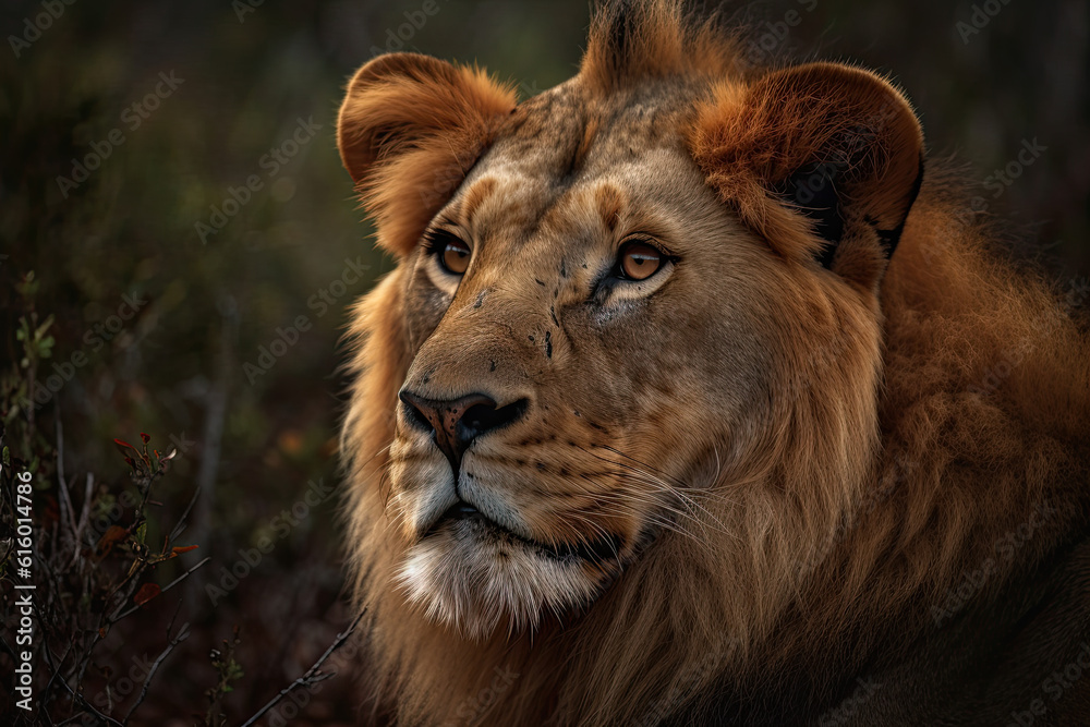 a lion that is looking at the camera with its head turned to look like he's thinking about something