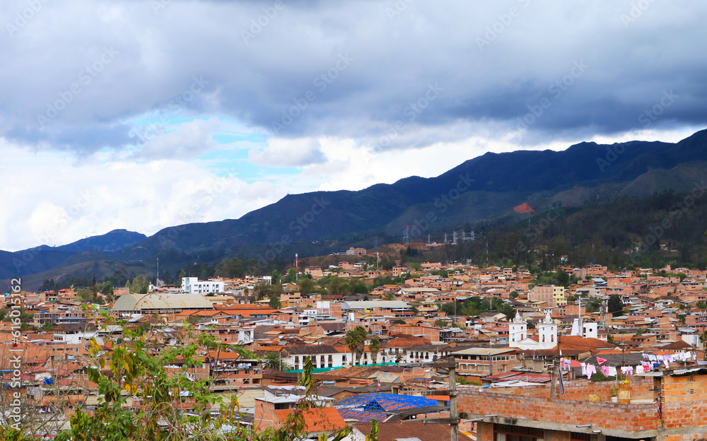 Stunning Townscape of Chachapoyas with Gray Rainy Clouds, Seen from Mirador Luya Urco View Point, Chachapoyas, Amazonas Region, Peru, Sorth America