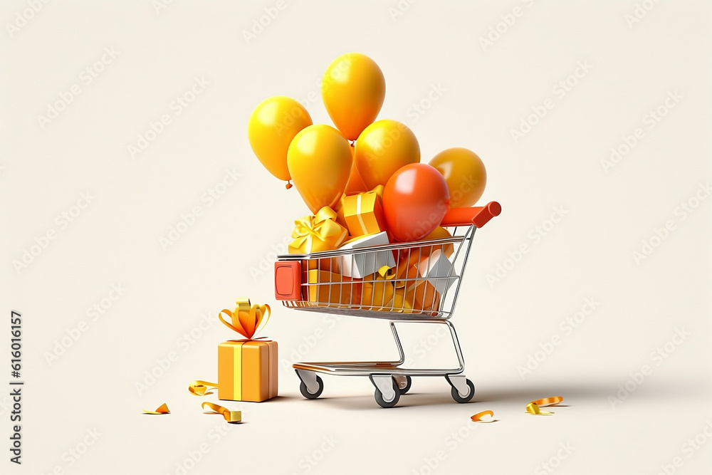Supermarket cart with yellow and orange balloons and gifts. E commerce. Generative AI.