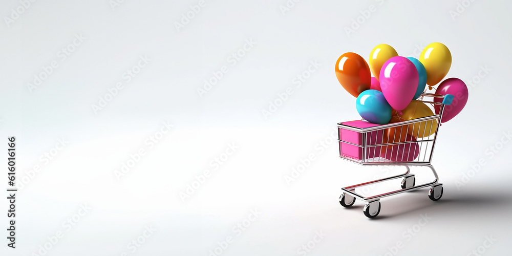 Supermarket cart with coloured balloons. E commerce. Generative AI.