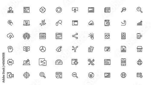 Search Engine Optimization - SEO thin line and marketing icons set. Web Development and Optimization icons. Vector illustration