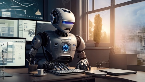 AI Robot with tie siting on a desktop woking in the computer, replacing a human in the office. - Copywriting  IA Generative 