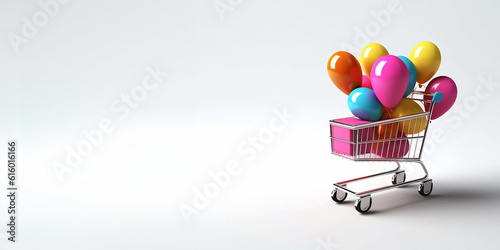 Obraz na płótnie Supermarket cart with coloured balloons. E commerce. Generative AI. w salonie