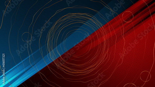 Contrast red and blue background with golden wavy circles