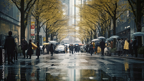 people walking down the street in the rain with umbrellas and trees on either side of the street are reflected in the wet puddle