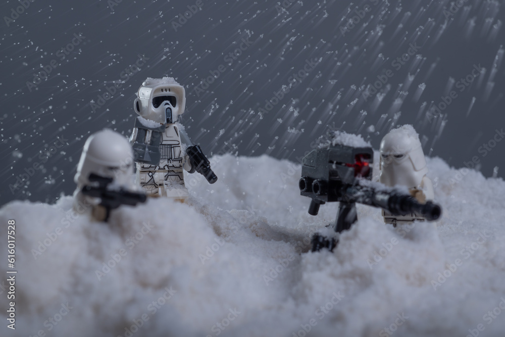 Naklejka premium Depok, Indonesia - November 8, 2022: Lego toys photography recreating Star Wars Battle of Hoth Scene of imperial troopers