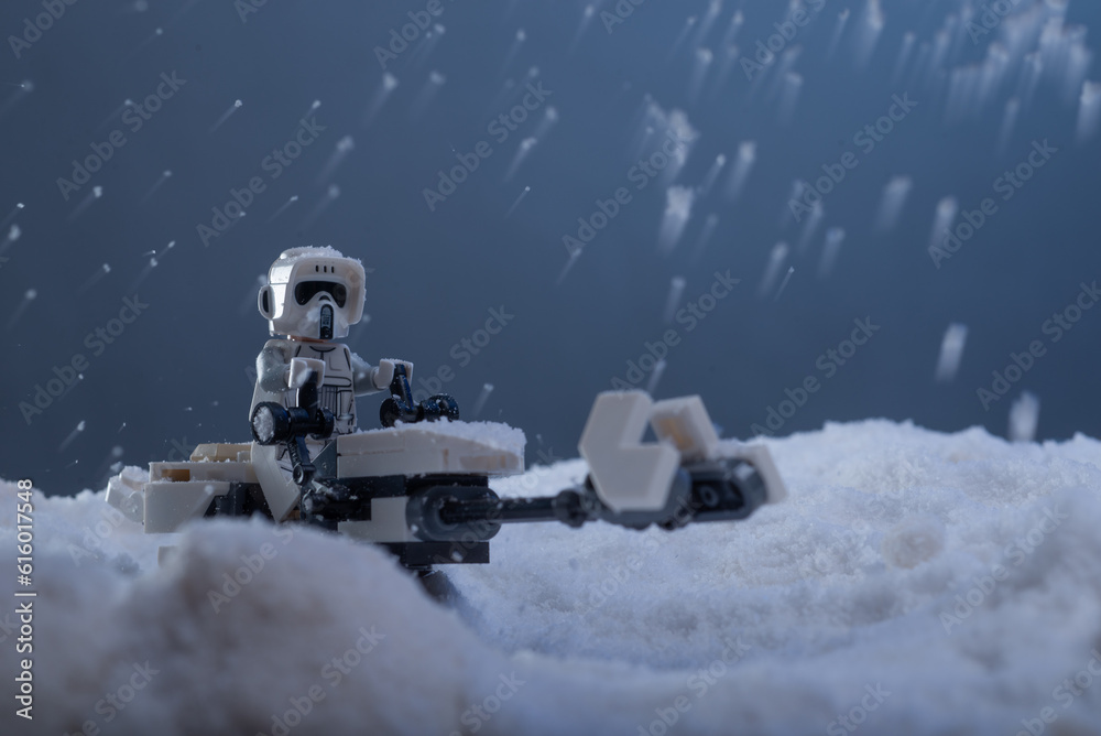Fototapeta premium Depok, Indonesia - November 8, 2022: Lego toys photography recreating Star Wars Battle of Hoth Scene of imperial troopers