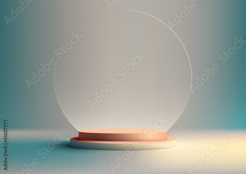 3D realistic empty podium stand with circle transparent glass backdrop minimal wall scene on blue background