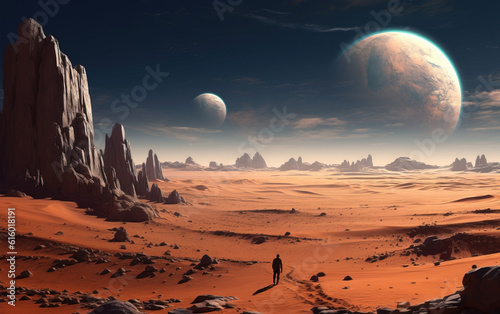 Standing alone on a vast plain overlooking the universe created with generative ai tecnology.