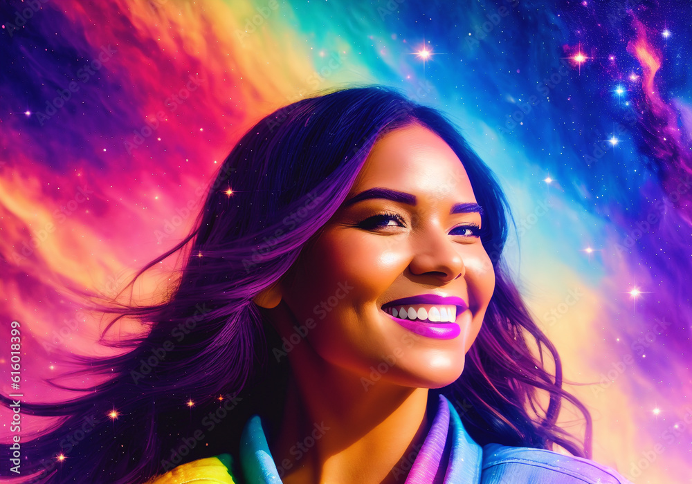 A beautiful young woman against the backdrop of a futuristic space of space and galaxies. The concept of unearthly beauty. Generative AI A beautiful young woman against the backdrop of a futuristic space of space and galaxies. The concept of unearthly beauty. Generative AI