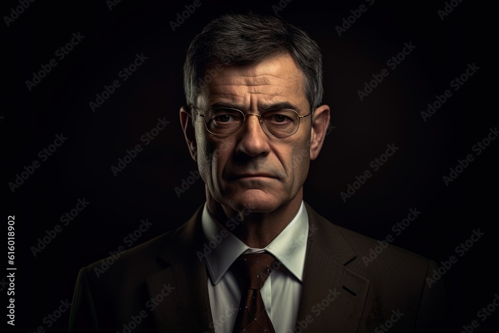 Portrait of mature businessman in suit looking at camera on black background.Generative Ai