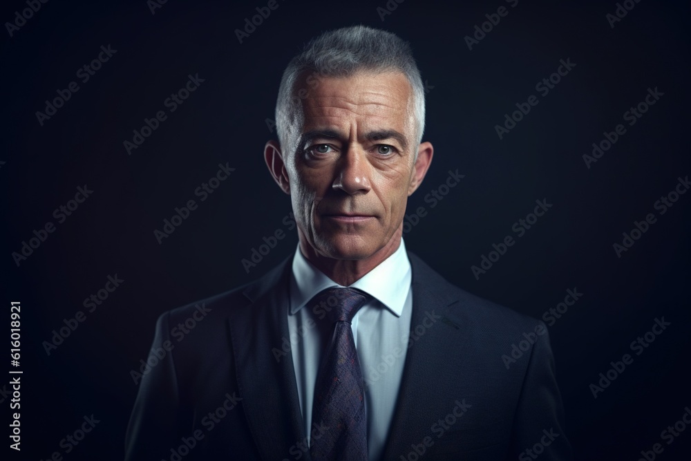 Portrait of mature businessman in suit looking at camera on black background.Generative Ai Portrait of mature businessman in suit looking at camera on black background.Generative Ai