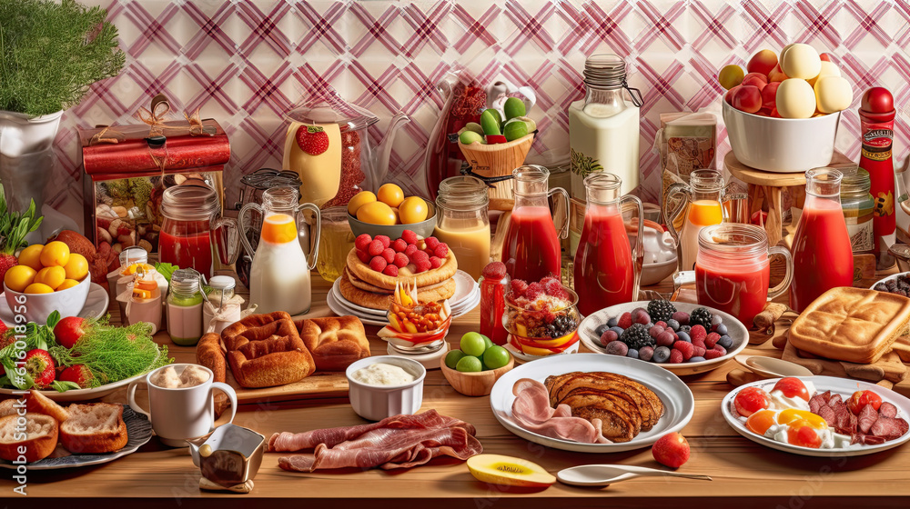 a table full of breakfast foods and fruit, including eggs, sausages, toasters, croises, fruits, bread