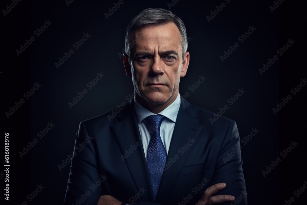 Portrait of mature businessman in suit looking at camera on black background.Generative Ai Portrait of mature businessman in suit looking at camera on black background.Generative Ai