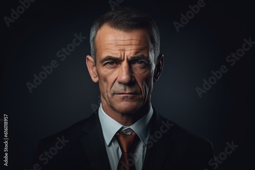 Portrait of mature businessman in suit looking at camera on black background.Generative Ai © Rudsaphon