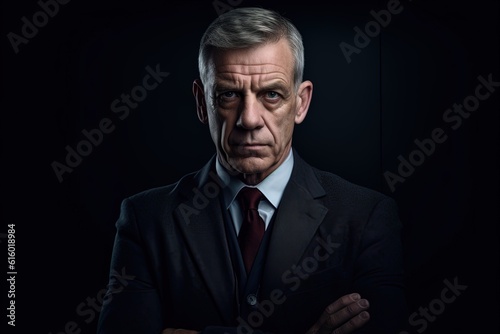 Portrait of mature businessman in suit looking at camera on black background.Generative Ai