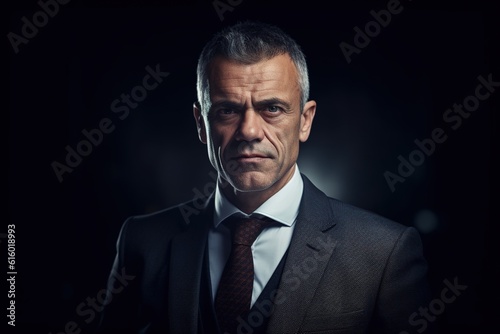 Portrait of mature businessman in suit looking at camera on black background.Generative Ai