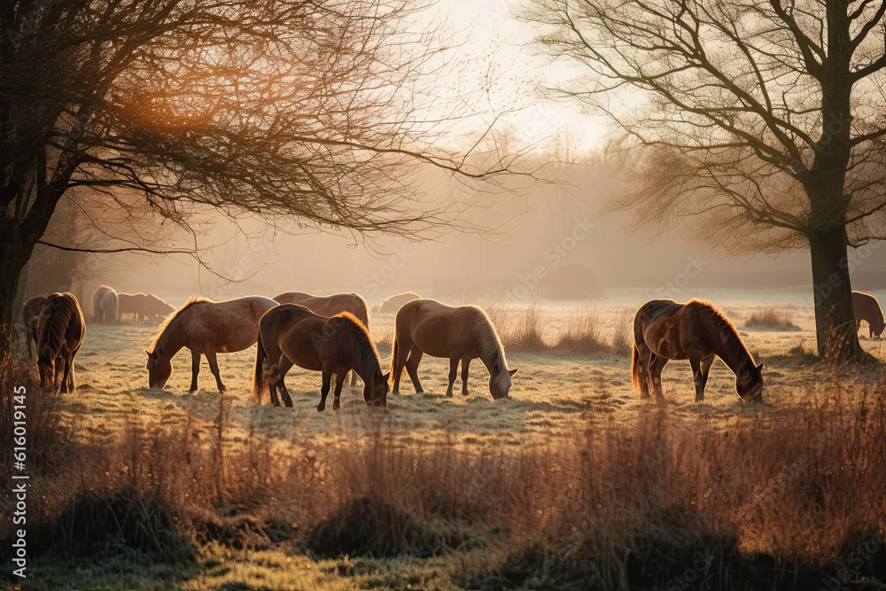 Fototapeta premium some horses grazing in the grass and trees at sunset, with sunlight reflecting off the horse's manes