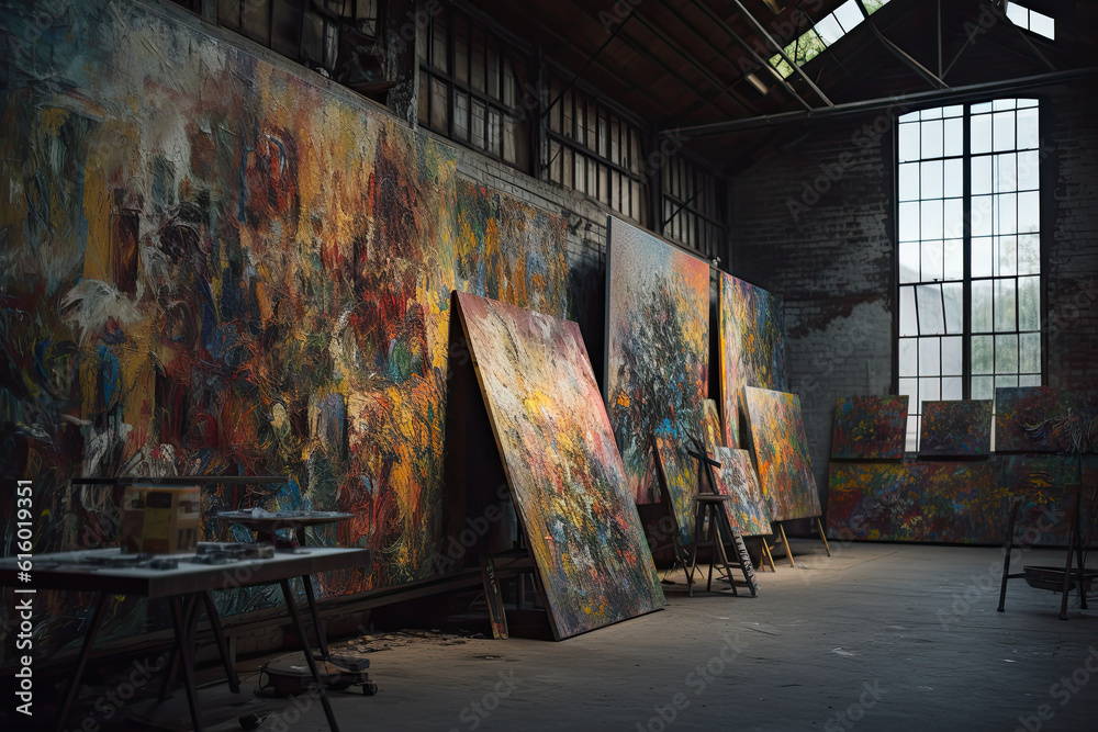 an artist's studio with lots of paint on the walls and eases in front of large open windows