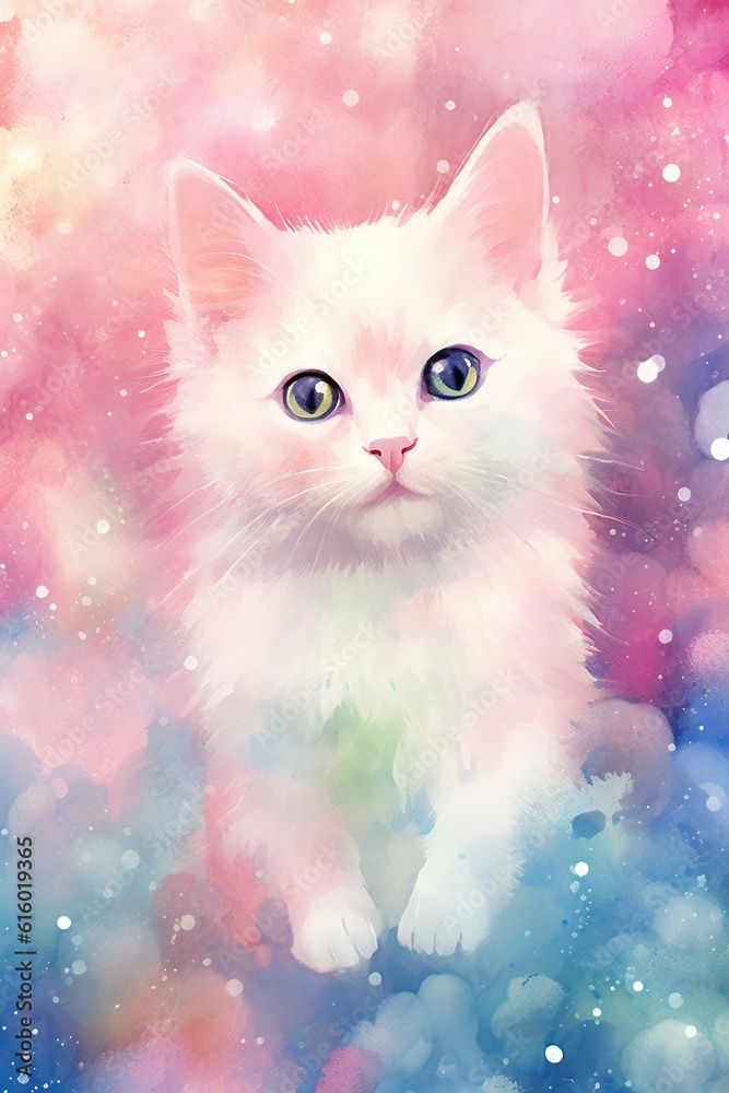 watercolor techniques to paint a cat print that has soft and fluid brushstrokes. subtle splashes of color to create a dreamy and ethereal effect . Cute cat  
