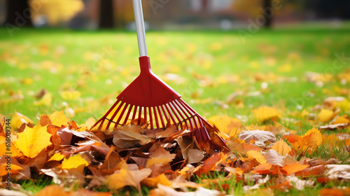 Fotografia raking autumn leaves in the garden created with Generative AI