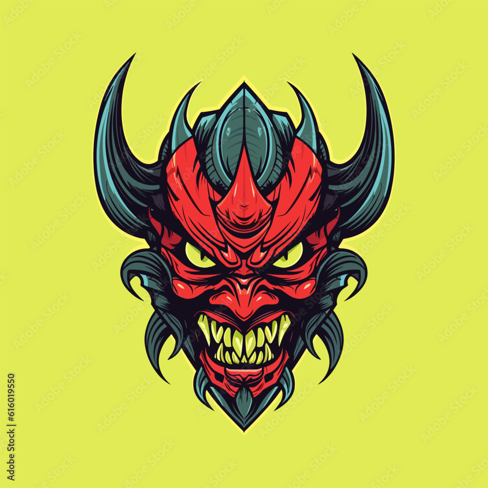 Fiery devil demon head with menacing gaze, perfect for bold graphic designs and dark-themed projects. Vector clip art illustration
