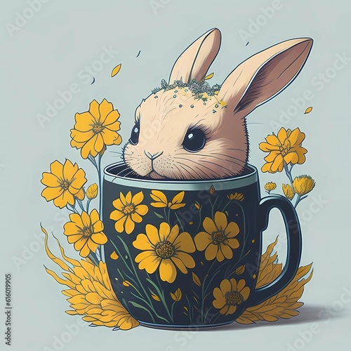 easter bunny with a basket of flowers, bug design, and t-shirts design  photo