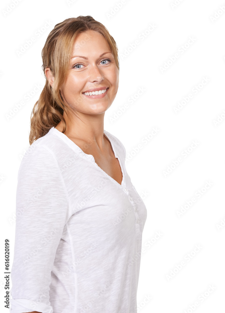 Woman, smile in portrait and casual fashion with beauty glow isolated on transparent png background. White t-shirt, attractive female model and young with style, plain clothes and happy person Woman, smile in portrait and casual fashion with beauty glow isolated on transparent png background. White t-shirt, attractive female model and young with style, plain clothes and happy person