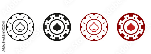 Poker Chip. Money Bet, Circle Token Symbol Collection. Chip Casino, Vegas Roulette Line and Silhouette Icon Set. Play Coin, Lucky and Risk in Gambling Game Pictogram. Isolated Vector Illustration