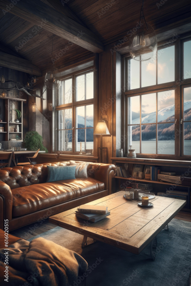 A cozy Norwegian cabin. Generative AI A cozy Norwegian cabin. Generative AI