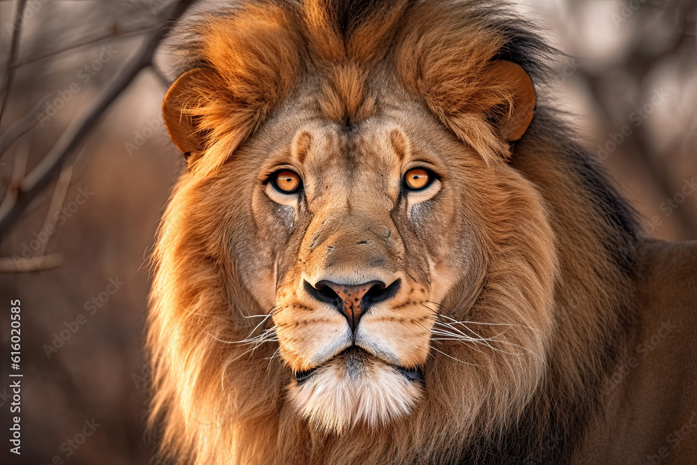 a lion that is looking at the camera with its mouth open and it's head slightly to the right