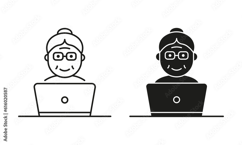 Old Senior Woman Influencer Line and Silhouette Icon Black Set. Retired Blogger Creating Content Pictogram. Elder Person with Computer Symbol on White Background. Isolated Vector Illustration Old Senior Woman Influencer Line and Silhouette Icon Black Set. Retired Blogger Creating Content Pictogram. Elder Person with Computer Symbol on White Background. Isolated Vector Illustration