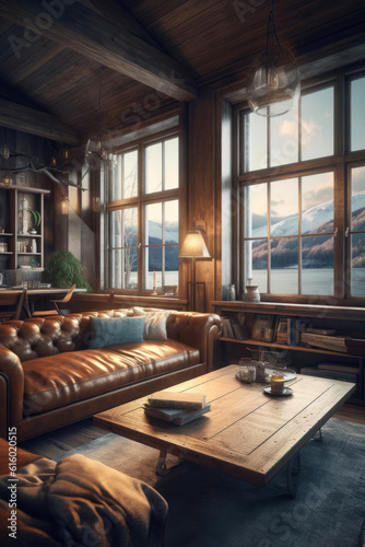A cozy Norwegian cabin. Generative AI © piai