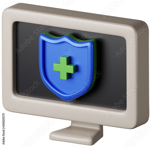 Computer health care shield 3d rendering icon illustration